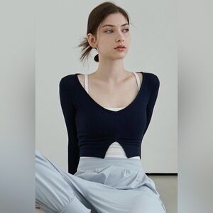 (SET) Deviwear Korean Ballet Inspired Activewear Navy Ribbed Crop Top + Tank S